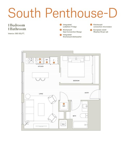 Floor plan for 1 bed, 1 bath, 583 sqft